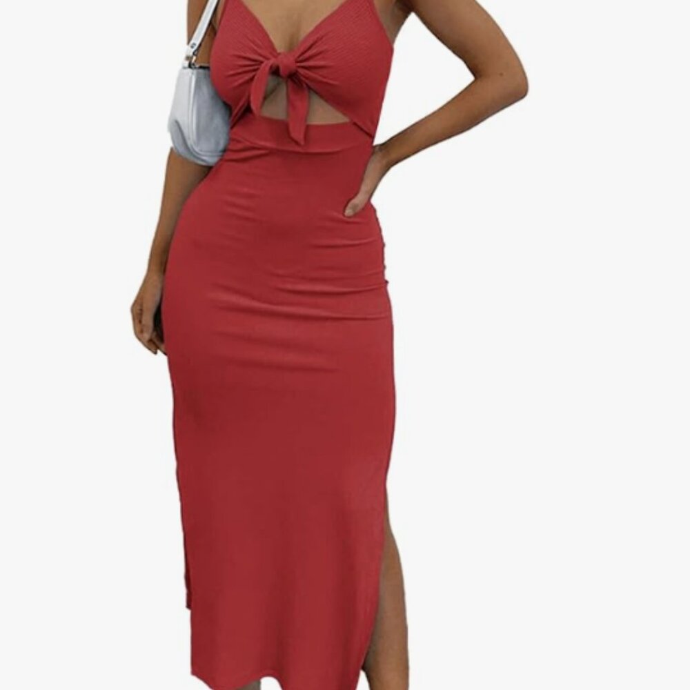 Women's Tie Knot Cut Out Side Split Hem Knit Bodycon Maxi Dress